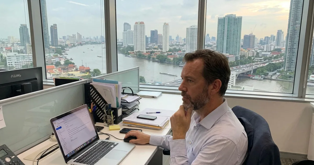 Foreign employee working at a desk with a city river view