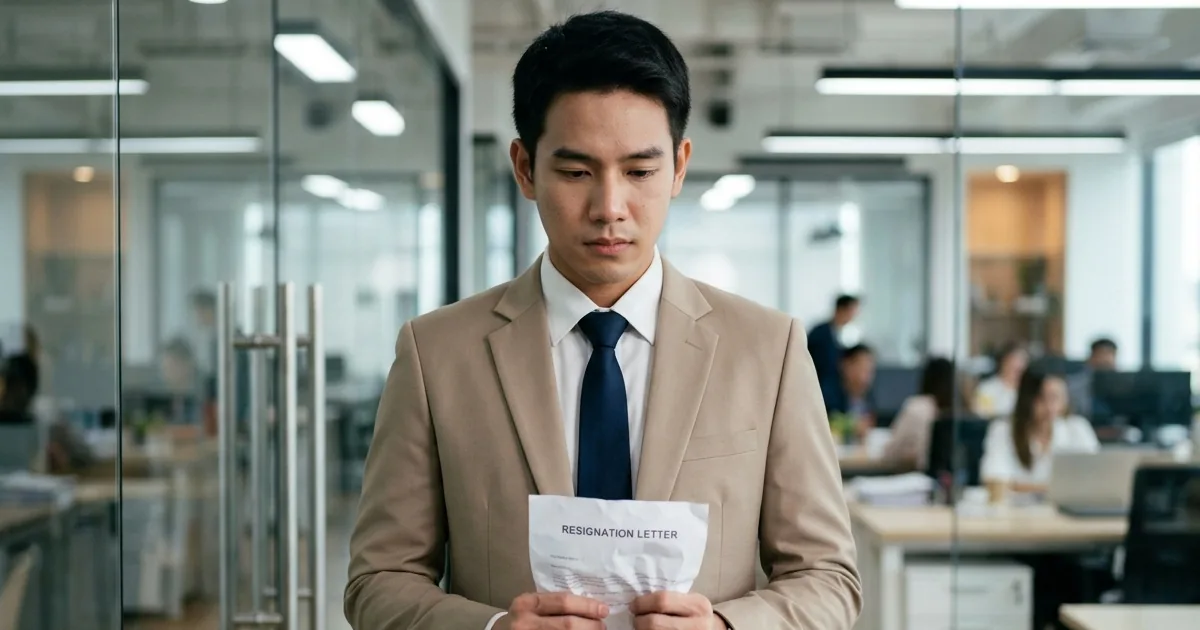 พนักงานยืนถือใบลาออกอยู่หน้าอาคารสำนักงาน ลังเลก่อนตัดสินใจยื่น