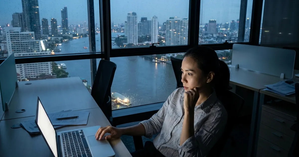 An employee working on a laptop by a window overlooking a riverside city at dusk