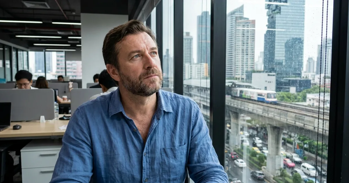 Employee looking out of an office window, considering resignation
