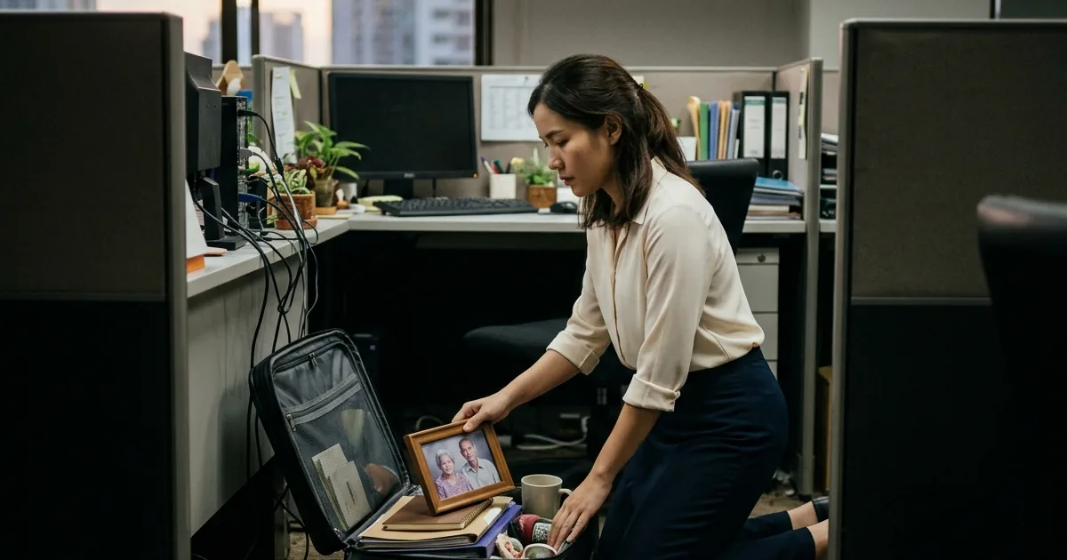 An employee packing a case under their desk at the end of the notice period