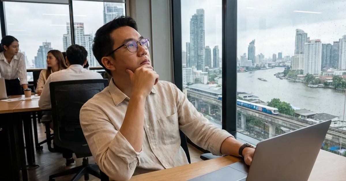 An employee in glasses thinking at his laptop in a high-rise office overlooking a river and city skyline