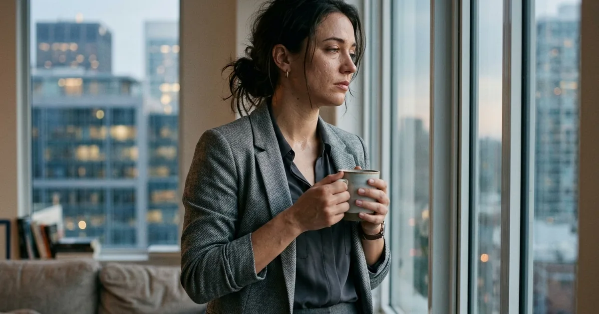 An employee standing at an office window with a coffee at dusk, weighing a decision