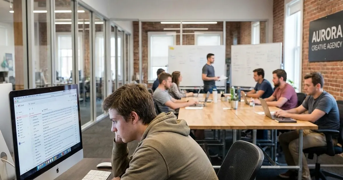 An employee in a hoodie working at a desktop computer in an open-plan office