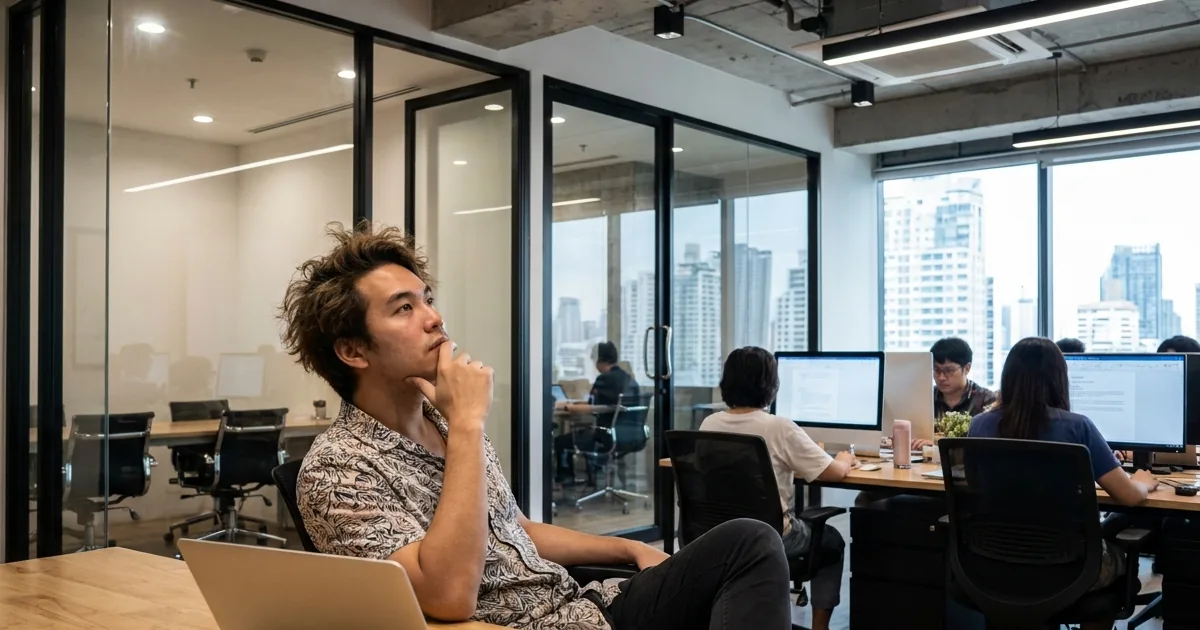 Employee working on a laptop by an office window